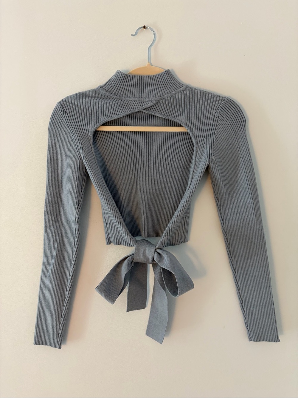 Vintage ZARA Gray Blue Open-Back Tie Ribbed Sweater